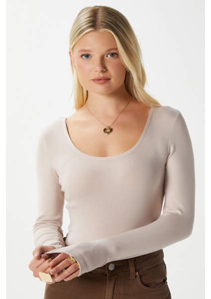 Kadın Heat Lux Touch U Yaka Bej Uzun Kol Soft Bluz