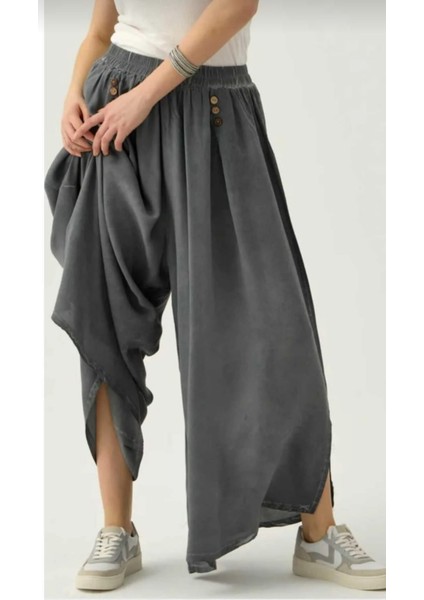 Cepsiz Bol Viskon Pantolon - Gri Renk ŞALVAR-%100 Pamuklu Kumaş.nefes Alan Organik Ürün