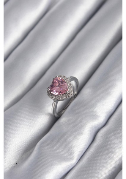 Pirinç Gümüş Renk Pembe Zirkon Taş Kalp Charm Model Kadın Yüzük - PRT3500EB00872