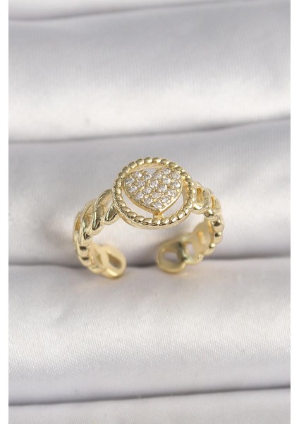 Pirinç Gold Renk Ayarlanabilir Zirkon Taşlı Kalp Model Kadın Yüzük - PRT3500EB03851