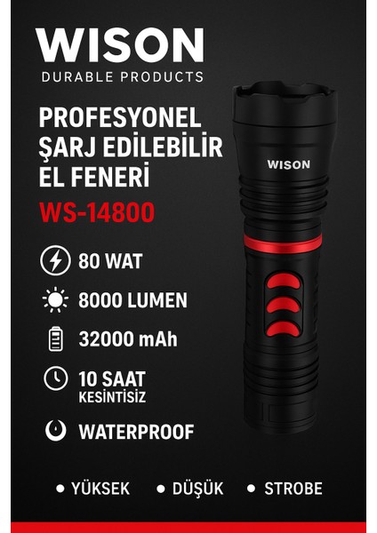 WS-14800 80 Wat 8000 Lümen 10 Saat Çalışan Profosyonel El Feneri (Yeni Ürün)