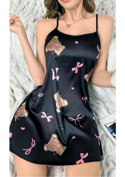 Nıghtlıght Siyah Ince Askılı Ayıcık Desenli Saten Mini Gecelik