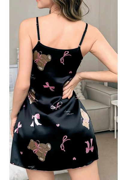 Nıghtlıght Siyah Ince Askılı Ayıcık Desenli Saten Mini Gecelik fiyatları