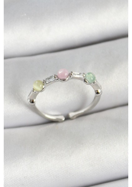 Pirinç Sıralı Boncuk Figürlü Zirkon Taşlı Gümüş Renk Ayarlanabilir Kadın Yüzük - PRT3500EB06251