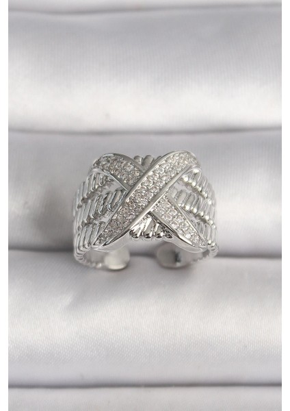 Pirinç Gümüş Renk Ayarlanabilir Zirkon Taşlı x Model Kadın Yüzük - PRT3500EB03832