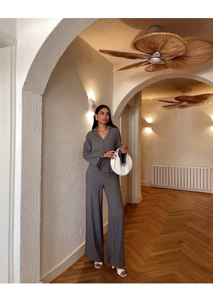 Kol Püskül Detaylı Gömlek Pantolon Ikili Takım modelleri