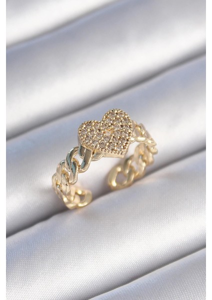 Pirinç Gold Renk Zincir Kordon Zirkon Taşlı Kalp Model Kadın Yüzük - PRT3500EB03098