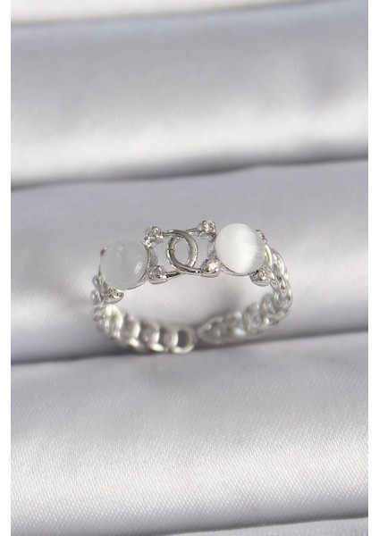 Pirinç Gümüş Renk Ayarlanabilir Zirkon Taşlı Beyaz Mineli Birleşik Halka Model Kadın Yüzük - PRT3500EB02781
