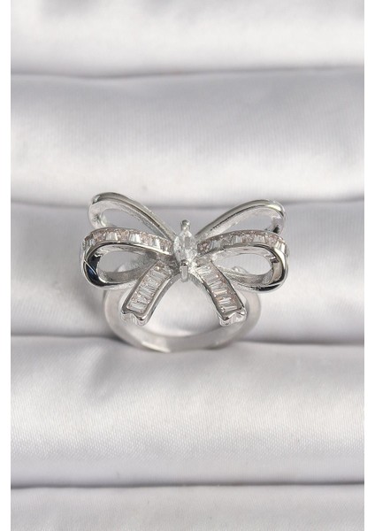 Pirinç Gümüş Renk Ayarlanabilir Zirkon Taşlı Kurdele Model Kadın Yüzük - PRT3500EB03835