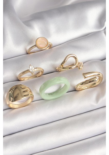 Pirinç Gold Renk Zirkon Taşlı Daire Pembe Mineli Detay 6lı Kadın Yüzük Seti - PRT3500EB03992