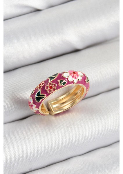 Pirinç Fuşya Mineli Çiçek Motifli Gold Renk Ayarlanabilir Kadın Yüzük - PRT3500EB08139
