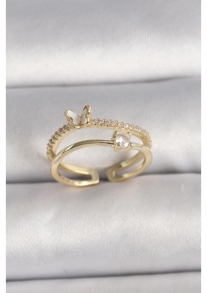 Pirinç Gold Renk Zirkon Taş Detaylı Kelebek Figür Ayarlanabilir Yüzük - PRT3500EB03500