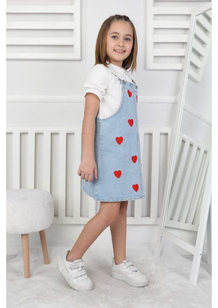 Kalp Desenli Çocuk Kot Jile Elbise