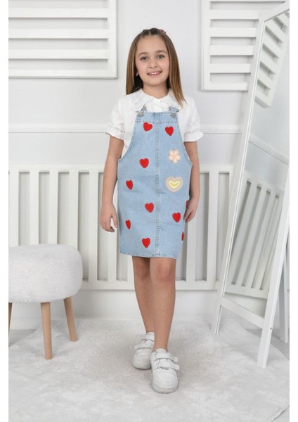 Kalp Desenli Çocuk Kot Jile Elbise