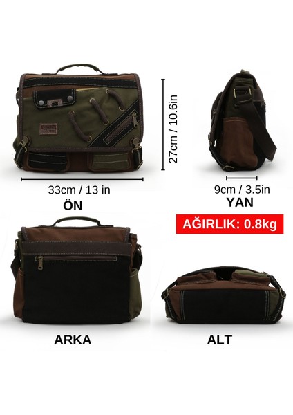 4017 Haki Kahve 14" Laptop Pamuk Gabardin Postacı Okul Çantası Unisex Kilitli Çok Cepli Omuz Askılı fiyatları