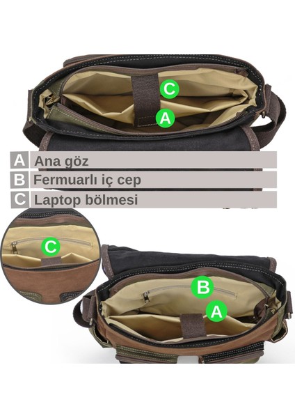 4017 Haki Kahve 14" Laptop Pamuk Gabardin Postacı Okul Çantası Unisex Kilitli Çok Cepli Omuz Askılı modelleri