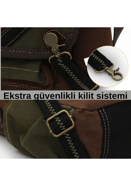 4017 Haki Kahve 14" Laptop Pamuk Gabardin Postacı Okul Çantası Unisex Kilitli Çok Cepli Omuz Askılı fırsatları