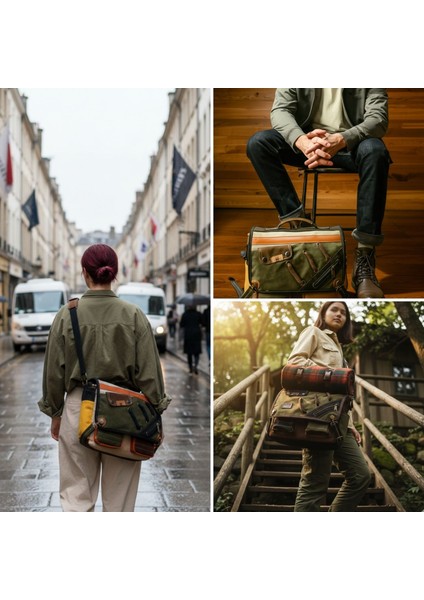 4017 Haki Kahve 14" Laptop Pamuk Gabardin Postacı Okul Çantası Unisex Kilitli Çok Cepli Omuz Askılı indirimleri