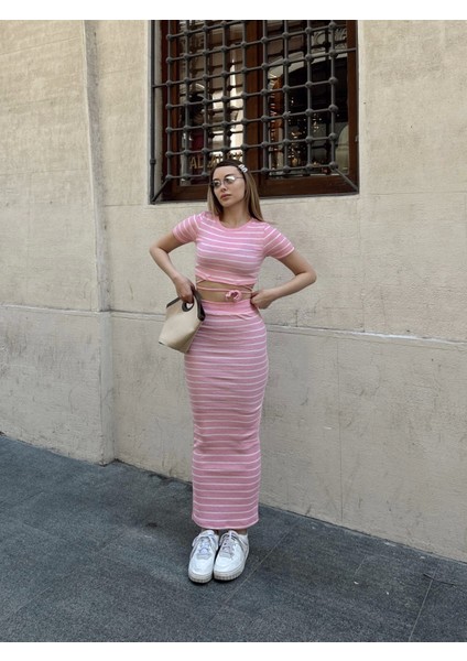 Çizgili Etekli Takım Pembe S3609