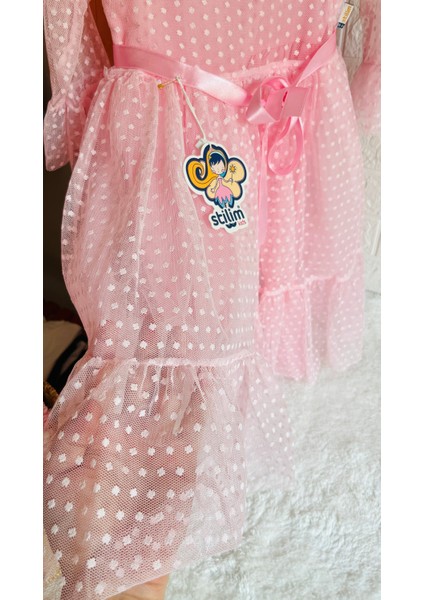 Kız Çocuk Pembe ve Kırmızı Tül Detaylı Abiye Elbise modelleri