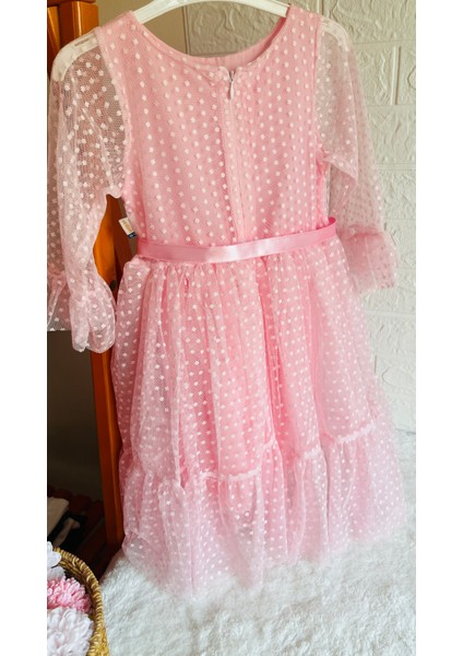 Kız Çocuk Pembe ve Kırmızı Tül Detaylı Abiye Elbise