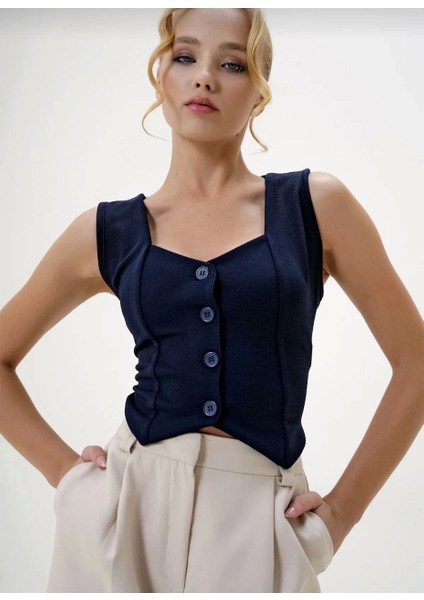 Krep Kumaş Düğmeli Yelek Lacivert S3395 fiyatları