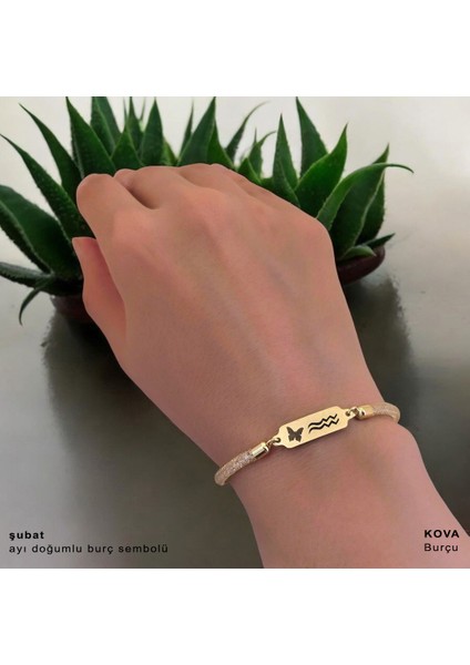 14 Ayar Altın Plakalı Şubat Ayı Doğumlarına Hasır Kordonlu Kelebek Motifli Hediye BILEKLIK-647AY