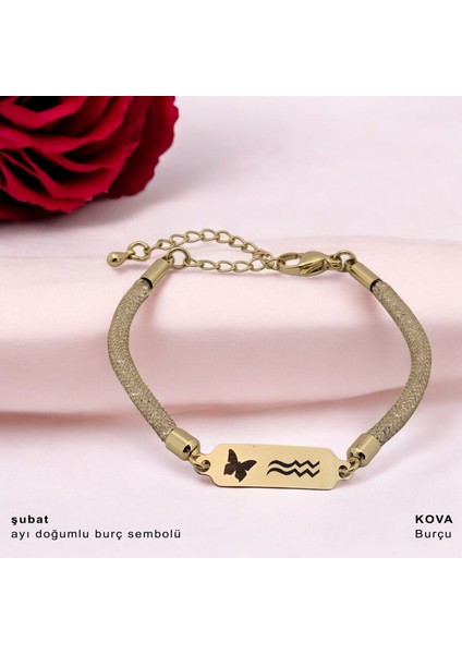14 Ayar Altın Plakalı Şubat Ayı Doğumlarına Hasır Kordonlu Kelebek Motifli Hediye BILEKLIK-647AY fiyatları
