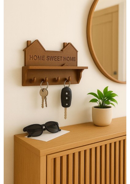 Home Sweet Home Duvar Anahtarlık – 25 Cm, 5 Kancalı, Raflı (Siyah)
