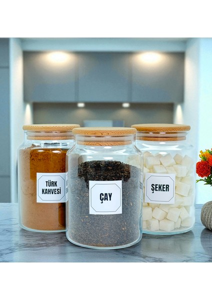 3'lü Ahşap Vakum Kapaklı 800 ml Cam Türk Kahvesi Çay Şeker Saklama Kavanozu Seti Etiket Hediyeli