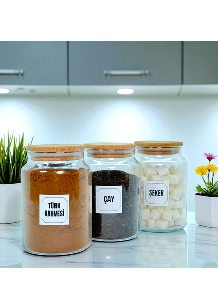 3'lü Ahşap Vakum Kapaklı 800 ml Cam Türk Kahvesi Çay Şeker Saklama Kavanozu Seti Etiket Hediyeli fiyatları