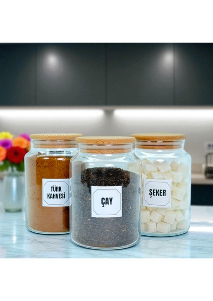 3'lü Ahşap Vakum Kapaklı 800 ml Cam Türk Kahvesi Çay Şeker Saklama Kavanozu Seti Etiket Hediyeli fırsatları