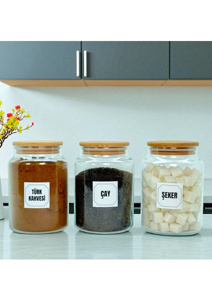 3'lü Ahşap Vakum Kapaklı 800 ml Cam Türk Kahvesi Çay Şeker Saklama Kavanozu Seti Etiket Hediyeli indirimleri
