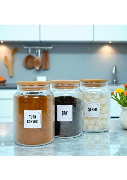 3'lü Ahşap Vakum Kapaklı 800 ml Cam Türk Kahvesi Çay Şeker Saklama Kavanozu Seti Etiket Hediyeli