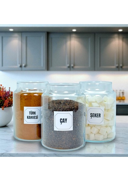3'lü Ahşap Vakum Kapaklı 800 ml Cam Türk Kahvesi Çay Şeker Saklama Kavanozu Seti Etiket Hediyeli