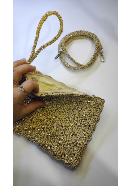 Hasır, Kağıt Ip ve Metalik Parıltılı Rafya Ip ile Elde Örülmüş Clutch Çanta, Portvöy, El Çantası