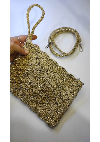 Hasır, Kağıt Ip ve Metalik Parıltılı Rafya Ip ile Elde Örülmüş Clutch Çanta, Portvöy, El Çantası