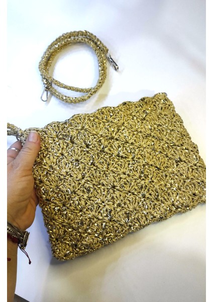 Hasır, Kağıt Ip ve Metalik Parıltılı Rafya Ip ile Elde Örülmüş Clutch Çanta, Portvöy, El Çantası