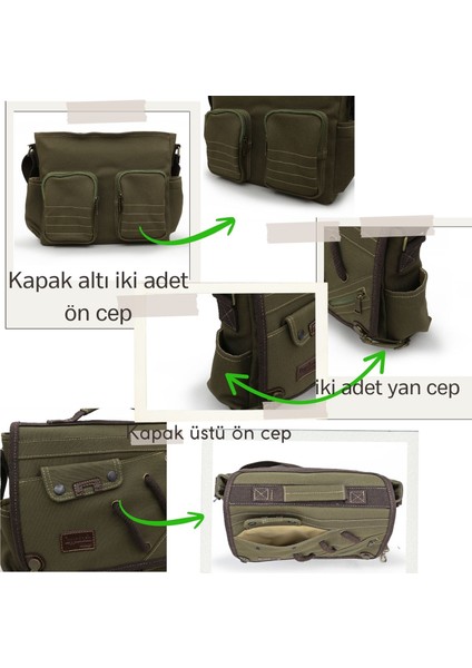 4017 Haki 14" Laptop Kanvas Postacı Okul Çantası Unisex Kilitli Çok Cepli Omuz Askılı fiyatları