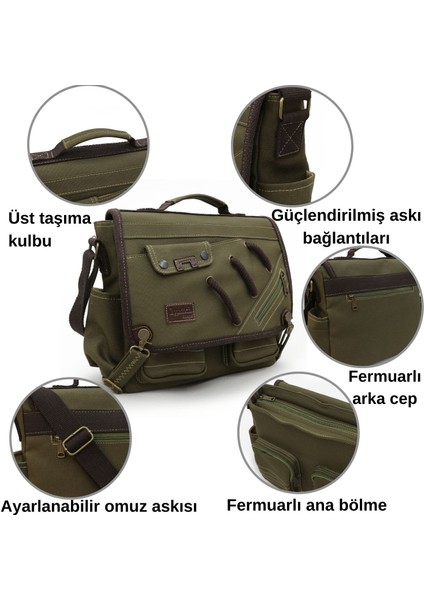 4017 Haki 14" Laptop Kanvas Postacı Okul Çantası Unisex Kilitli Çok Cepli Omuz Askılı modelleri