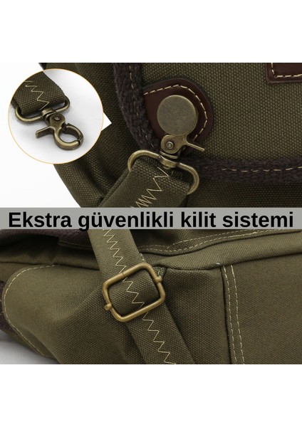 4017 Haki 14" Laptop Kanvas Postacı Okul Çantası Unisex Kilitli Çok Cepli Omuz Askılı fırsatları