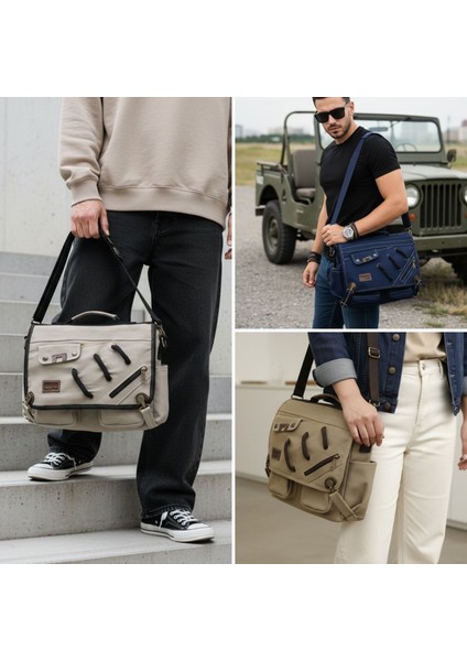 4017 Haki 14" Laptop Kanvas Postacı Okul Çantası Unisex Kilitli Çok Cepli Omuz Askılı indirimleri