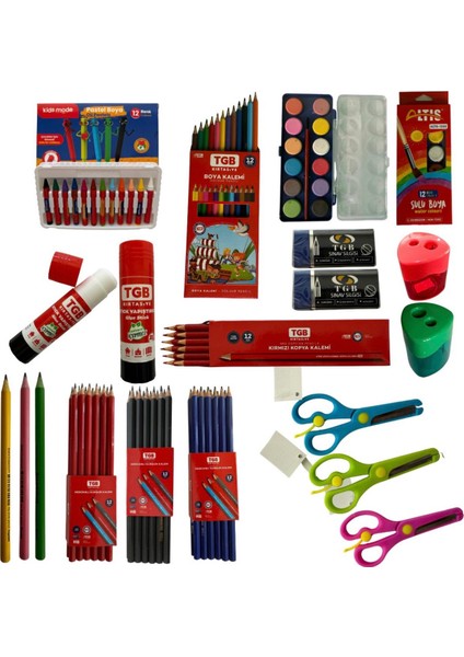 Okul ve Kırtasiye Seti 🎨✂️ 12’li Boya Kalemi, Pastel Boya, Sulu Boya, Kalem, Makas, Yapıştırıcı ve Silgi – Tgb Kırtasiye