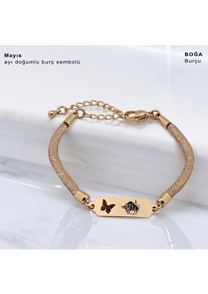 14 Ayar Altın Plakalı Boğa Burçlarına Özel Hasır Kordonlu Kelebek Motifli Hediye BILEKLIK-647BURÇ fiyatları