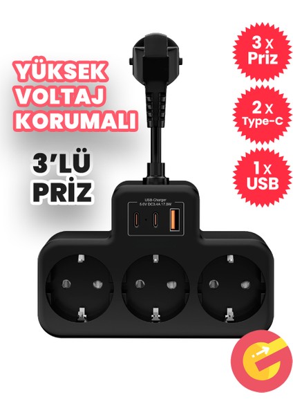 Yüksek Voltaj Korumalı Priz, Duvar Tipi Kısa Kablolu Priz Çoğaltıcı, 3x Priz, 2x Type-C, 1x Usb, 16A , 3680W, 1050 Joule, Çocuk Korumalı, Isıya Dayanıklı Yapı