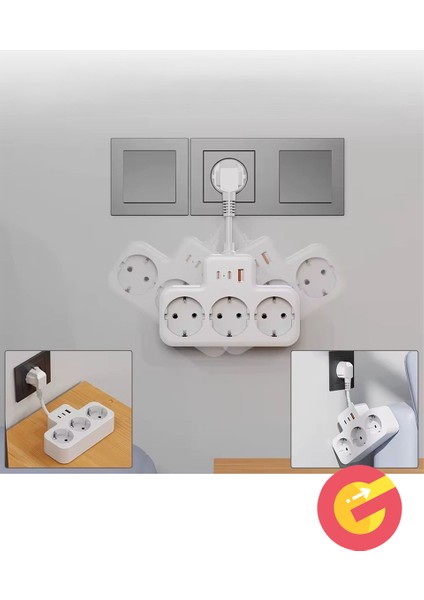 Yüksek Voltaj Korumalı Priz, Duvar Tipi Kısa Kablolu Priz Çoğaltıcı, 3x Priz, 2x Type-C, 1x Usb, 16A , 3680W, 1050 Joule, Çocuk Korumalı, Isıya Dayanıklı Yapı fiyatları
