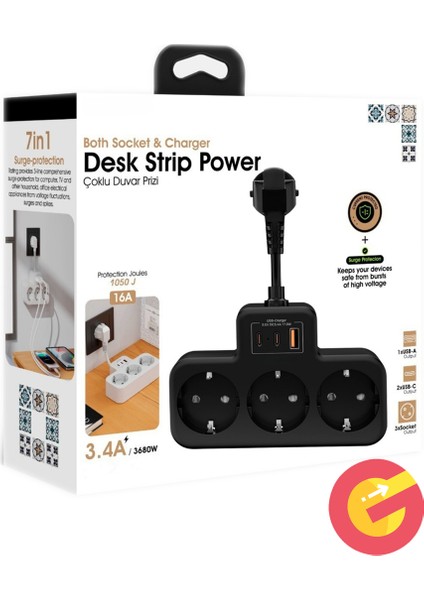 Yüksek Voltaj Korumalı Priz, Duvar Tipi Kısa Kablolu Priz Çoğaltıcı, 3x Priz, 2x Type-C, 1x Usb, 16A , 3680W, 1050 Joule, Çocuk Korumalı, Isıya Dayanıklı Yapı fırsatları