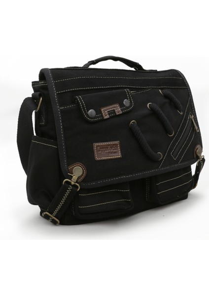 4017 Siyah 14" Laptop Pamuk Gabardin Postacı Okul Çantası Unisex Kilitli Çok Cepli Omuz Askılı