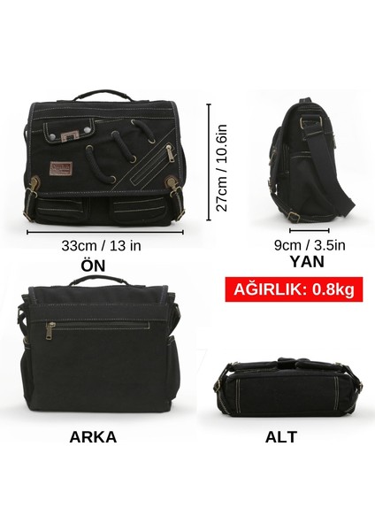 4017 Siyah 14" Laptop Pamuk Gabardin Postacı Okul Çantası Unisex Kilitli Çok Cepli Omuz Askılı fiyatları