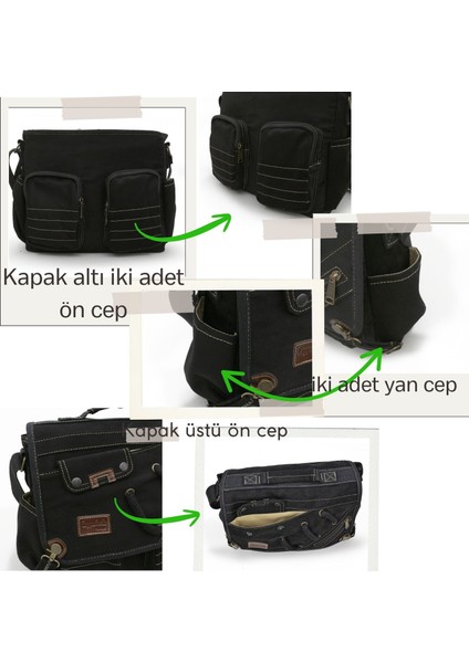 4017 Siyah 14" Laptop Pamuk Gabardin Postacı Okul Çantası Unisex Kilitli Çok Cepli Omuz Askılı modelleri